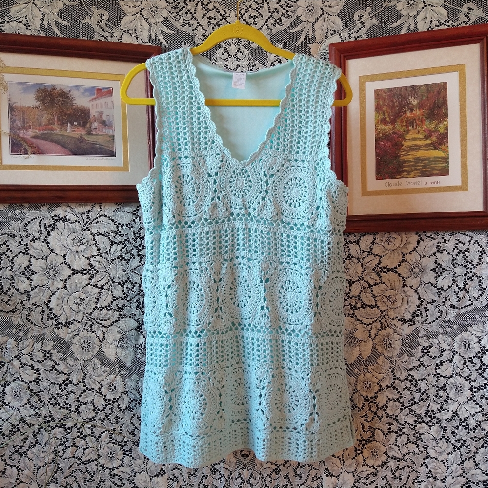 Modern Soul baby powder blue tunic blouse sleeveless boho crochet fully lined